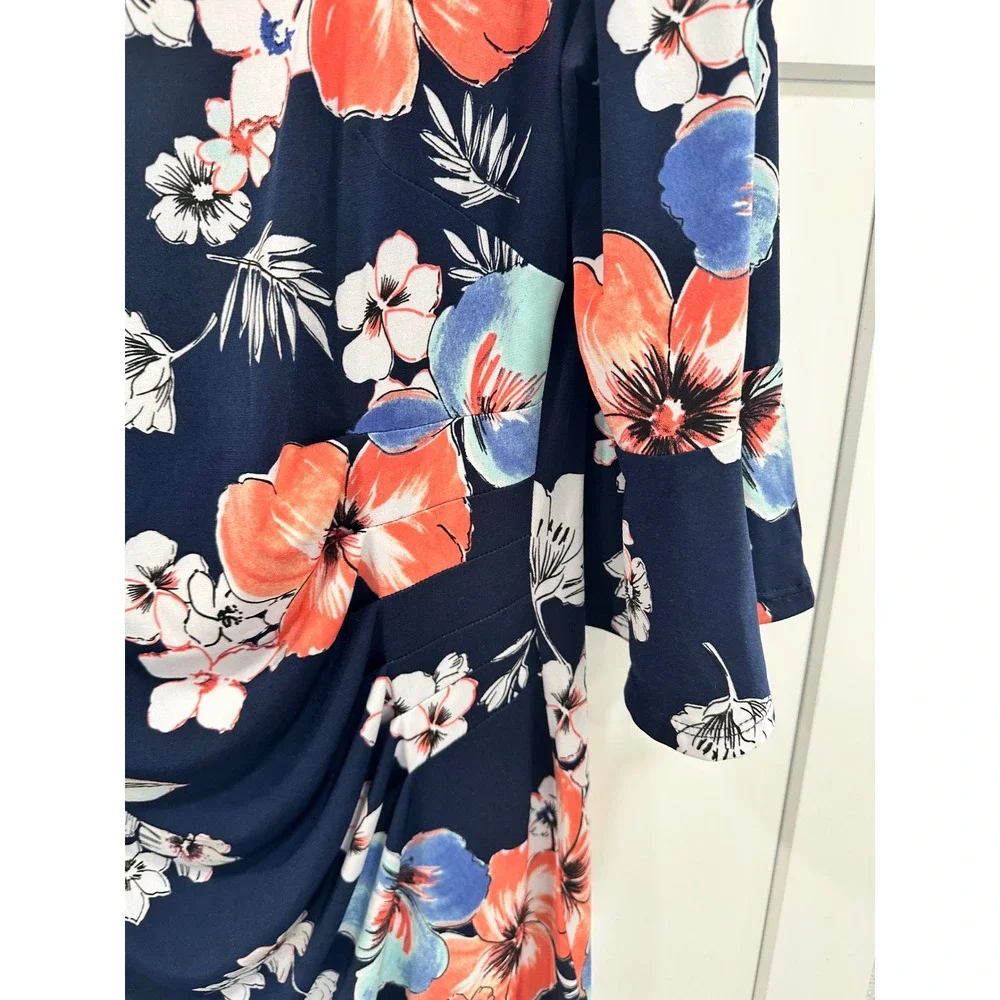 Connected Apparel Floral Bell Sleeve Faux Wrap Sheath‎ Dress Navy Coral 14